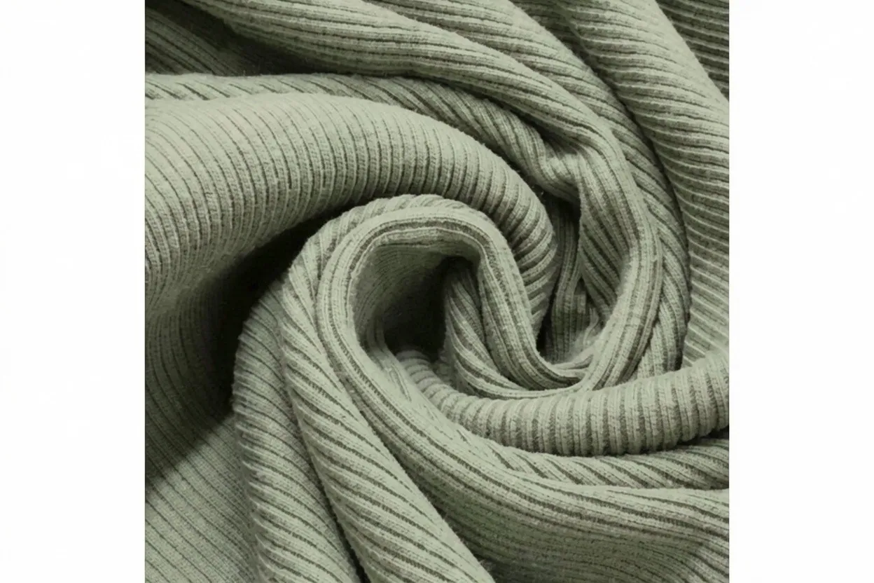2×2 rib knit fabric in soft sage cotton with vertical rib columns, manufactured at Apex Corporation knitwear factory in Karachi Pakistan